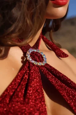 Red Boucle Halter Crystal Twist